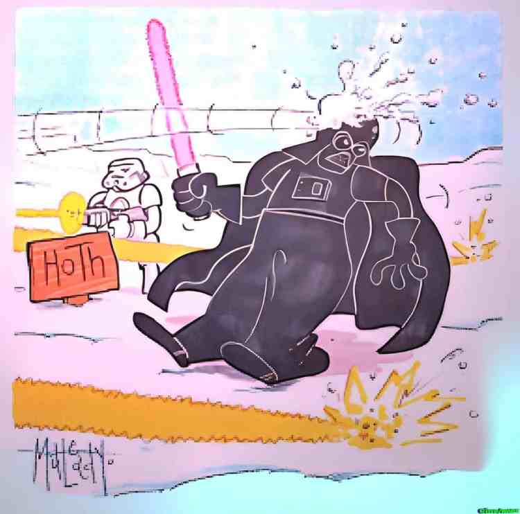 Illustration of humorous sci-fi snow battle scene.